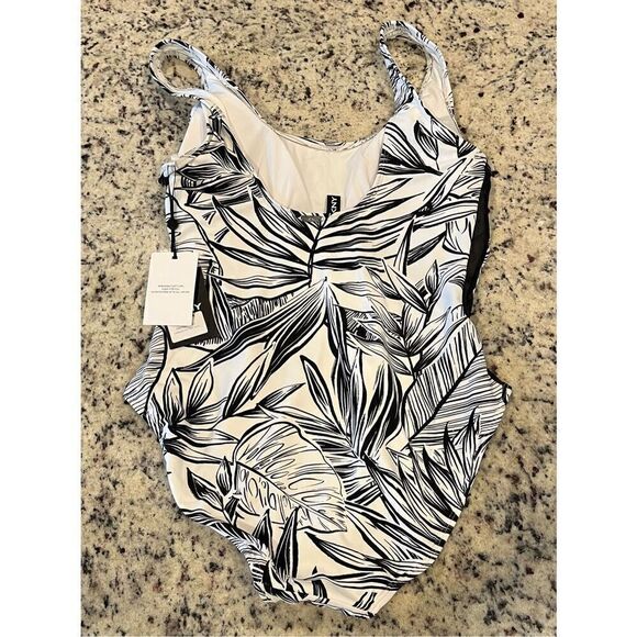 DKNY Women's White Printed Lined Removable Cups Mesh Scoop Neck One Piece Swimsu - Picture 3 of 5